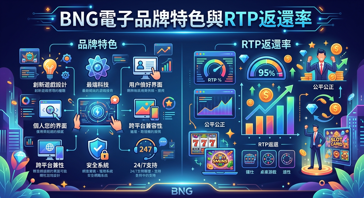 這張圖片是一個充滿科技感的藍色資訊圖表,主要展示了 BNG 電子品牌特色與 RTP 返還率。 圖中結合了數據圖表、插圖以及圖示,以視覺化方式呈現遊戲設計、跨平台兼容性與公平公正等核心優勢。