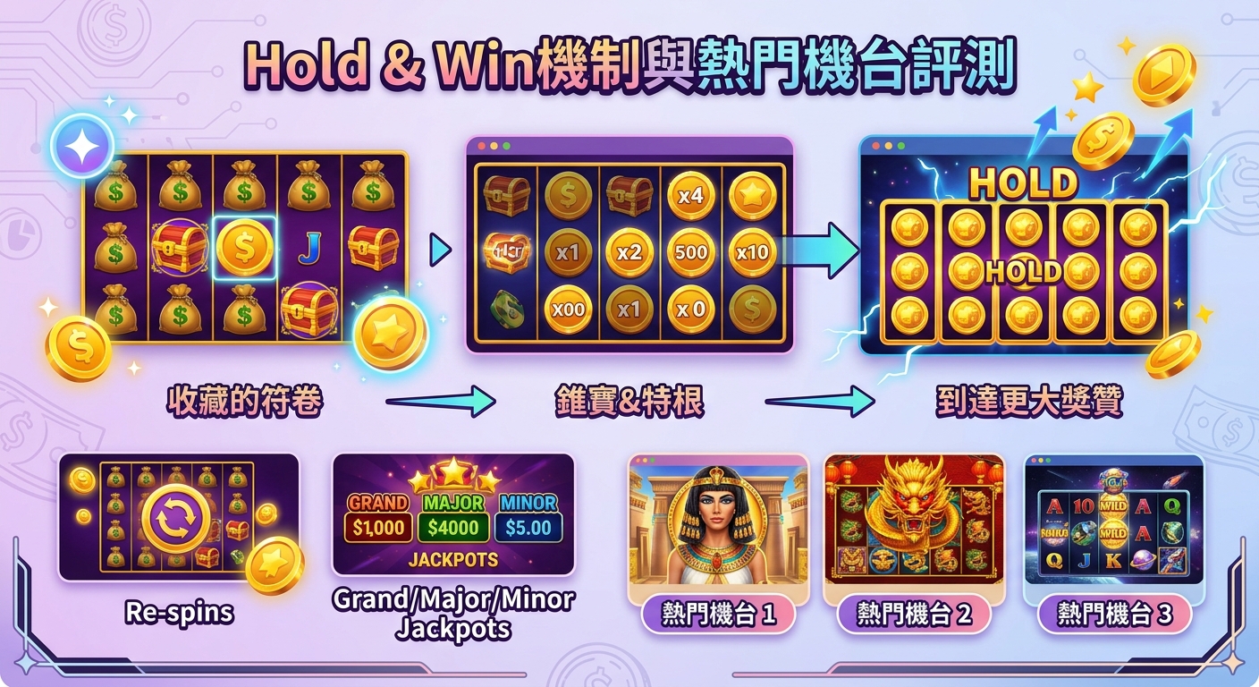 這張圖解詳細展示了「Hold & Win」機台機制的運作流程與特色。 畫面上方標有主題標題,並結合豐富的遊戲畫面與「Grand/Major/Minor」累積獎金展示。